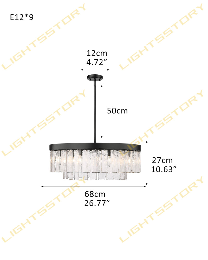 Courmayeur Series Luminous Chandelier | Multi-tier Hammered Water Glass Hammered water glass shade with durable metal frame, Matte Black and White Gold for Living rooms and dining areas 9-light-D68*H27CM D26.77"*H10.63" Black + Clear Glass Luxury Drum Round Chandelier