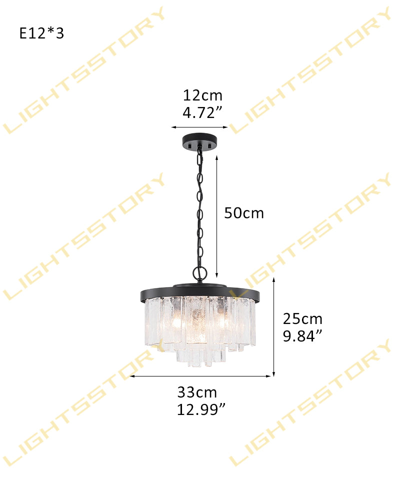 Courmayeur Series Luminous Chandelier | Multi-tier Hammered Water Glass Hammered water glass shade with durable metal frame, Matte Black and White Gold for Living rooms and dining areas 3-light-D33*H25CM D12.99"*H9.84" Black + Clear Glass Luxury Drum Round Chandelier