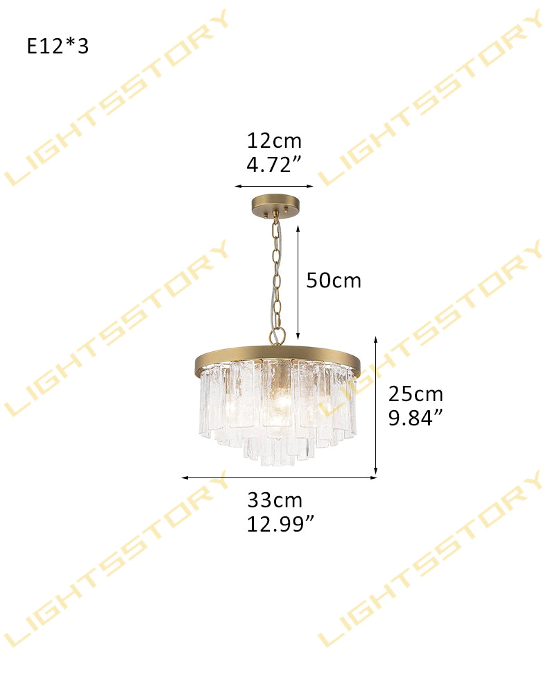 Courmayeur Series Luminous Chandelier | Multi-tier Hammered Water Glass Hammered water glass shade with durable metal frame, Matte Black and White Gold for Living rooms and dining areas 3-light-D33*H25CM D12.99"*H9.84" Gold + Clear Glass Luxury Drum Round Chandelier