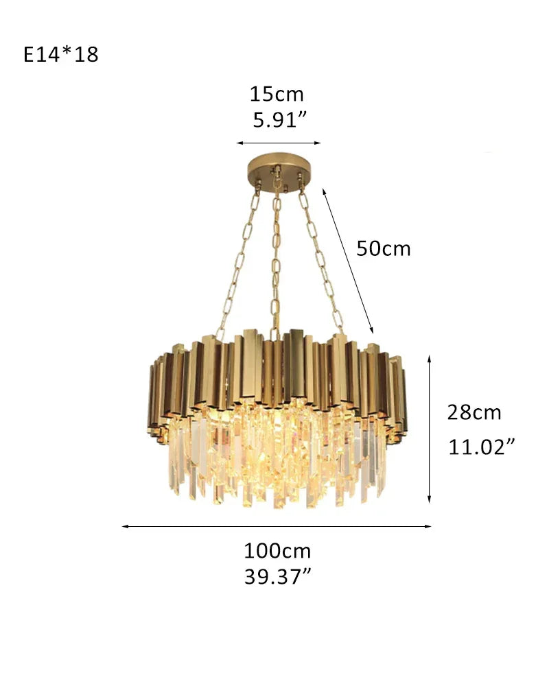 8/12/18/27-light Drum Round Crystal Chandelier dimming with Chrome/Gold Stainless housing D100*H25CM D39.37“*H11.02" Gold Luxury Drum Round Chandelier