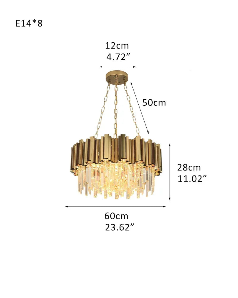 8/12/18/27-light Drum Round Crystal Chandelier dimming with Chrome/Gold Stainless housing D60*H25CM D23.62“*H11.02" Gold Luxury Drum Round Chandelier