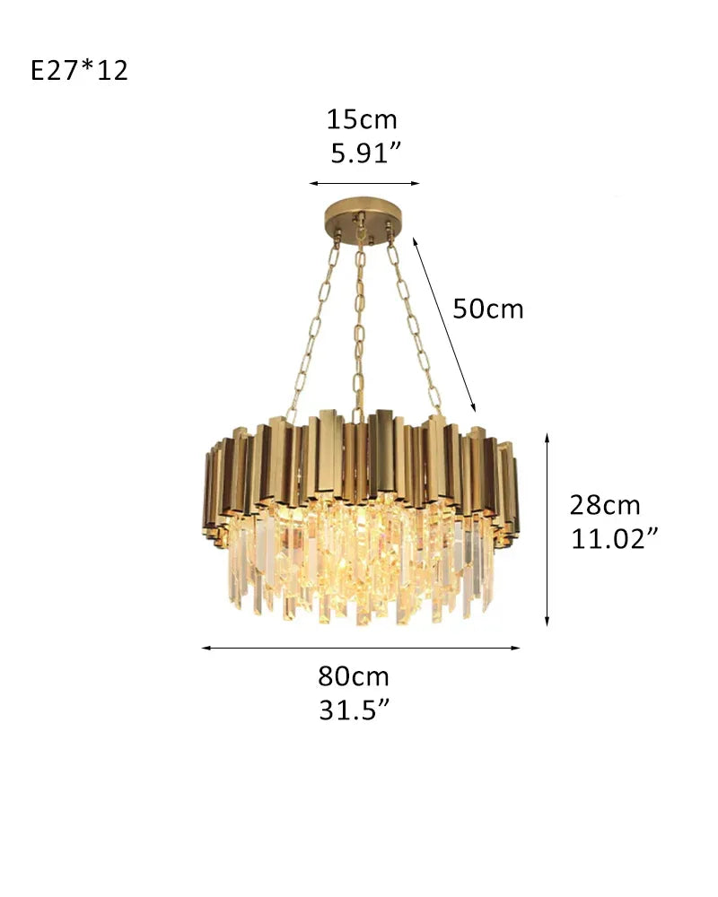 8/12/18/27-light Drum Round Crystal Chandelier dimming with Chrome/Gold Stainless housing D80*H25CM D31.5“*H11.02" Gold Luxury Drum Round Chandelier