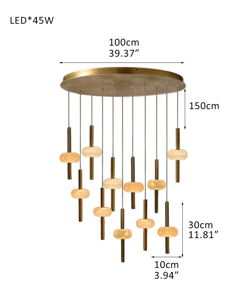 Modern Elegance Handmade Spanish Marble Pendant Lamp Wide 4" | Adjustable Long Cord 11-Light-L10*H30CM L3.9"*H11.8" White + Brass Modern Pendant lamp