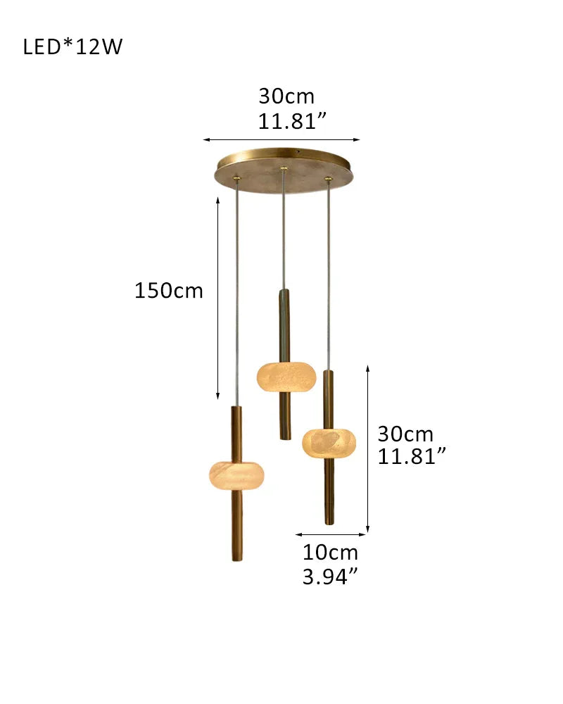 Modern Elegance Handmade Spanish Marble Pendant Lamp Wide 4" | Adjustable Long Cord 3-Light-L10*H30CM L3.9"*H11.8" White + Brass Modern Pendant lamp