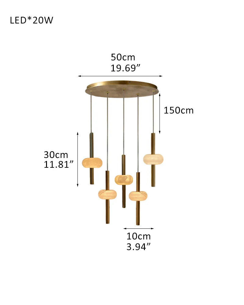 Modern Elegance Handmade Spanish Marble Pendant Lamp Wide 4" | Adjustable Long Cord 5-Light-L10*H30CM L3.9"*H11.8" White + Brass Modern Pendant lamp