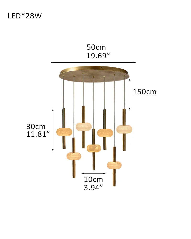 Modern Elegance Handmade Spanish Marble Pendant Lamp Wide 4" | Adjustable Long Cord 7-Light-L10*H30CM L3.9"*H11.8" White + Brass Modern Pendant lamp