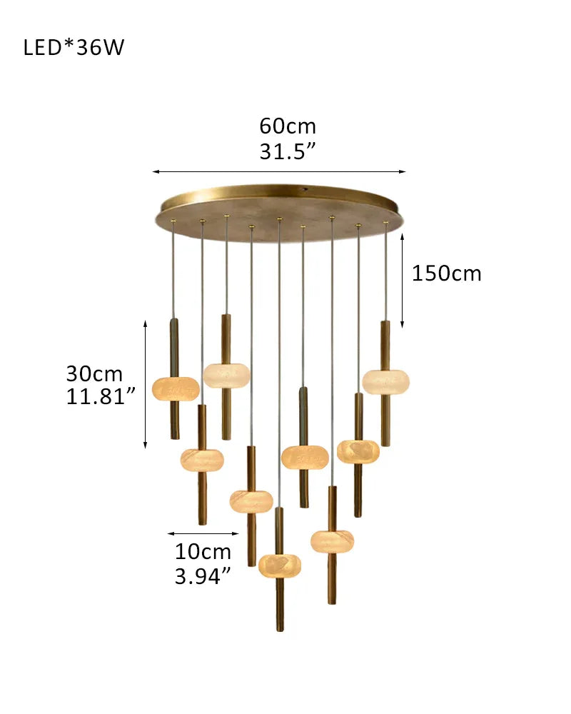 Modern Elegance Handmade Spanish Marble Pendant Lamp Wide 4" | Adjustable Long Cord 9-Light-L10*H30CM L3.9"*H11.8" White + Brass Modern Pendant lamp