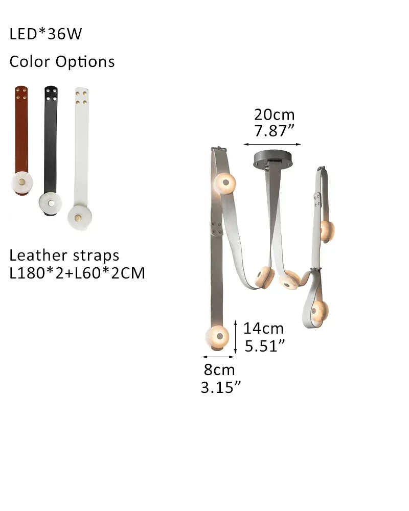 LED Mini SNAPS Module Ceiling Alabaster Pendant Light with Brown Leather Straps 6-light-L13*W69*H99CM L5"*W27"*H39" Modern Pendant lamp