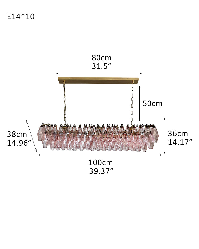 Unique Murano Poliedri Pink Glass Chandelier in Aged Brass Aluminum Chain