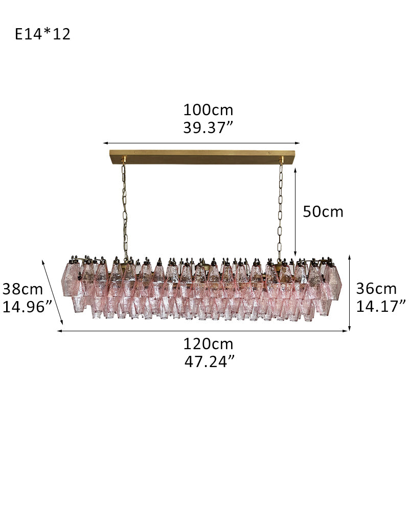 Unique Murano Poliedri Pink Glass Chandelier in Aged Brass Aluminum Chain