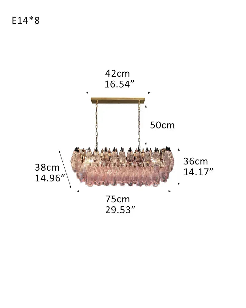 LightsStory Series Ethereal Chandelier | Rectangular Poliedri Hand-blown Murano textured glass, Plated-brass or bronze accents for Dining Rooms and Living Areas L75*W38*H36CM L29.5"*W15"*H14" Brass + Pink Glass American chandelier