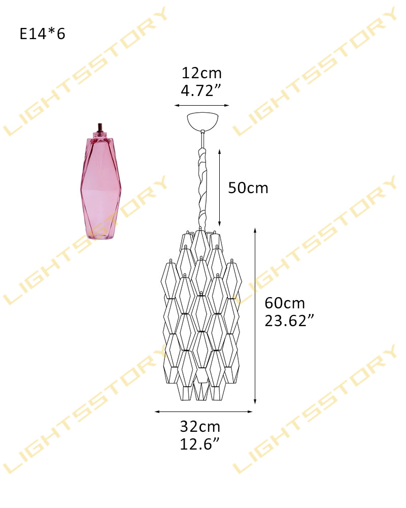 6 lights Hand-blown Murano Colorful Glass Interior Small Pendant Lights Wide 12" Height 24" 6-light-D32*H60CM D12.6"*H23.62" Modern Pendant lamp