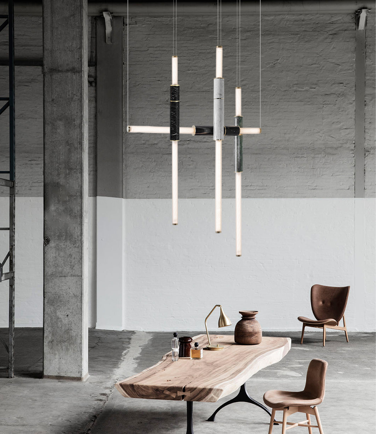 Polished marble + frosted glass with solid brass/aluminum finishes.