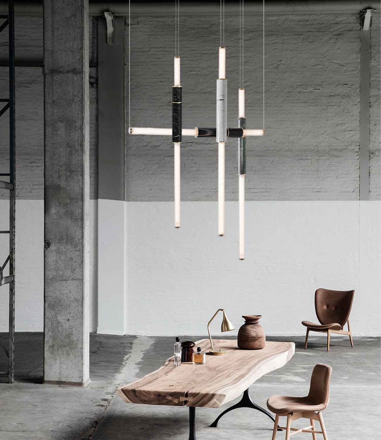 Polished marble + frosted glass with solid brass/aluminum finishes.