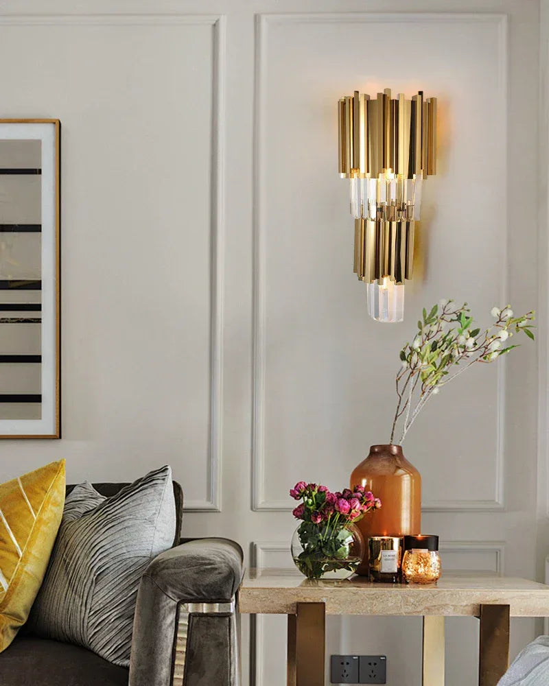 Modern 4-Tier Crystal Wall Light Fixture in Chrome & Brushed Brass for stairwells entryways Flush Mounted Wall Sconce Lamp