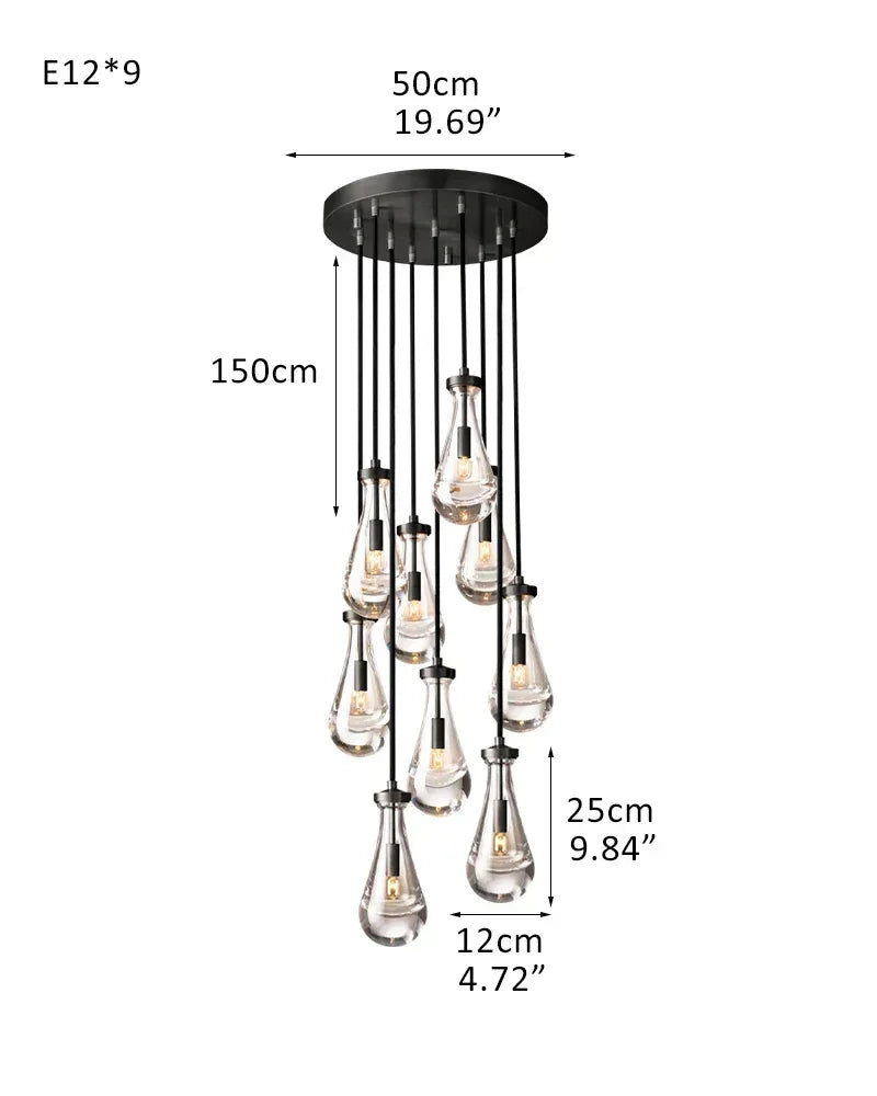 Black Raindrop Crystal Round Chandelier Multi Lighting with adjustable cord for living room 9-light-D12*H25CM D4.7"*H9.8" Black American chandelier