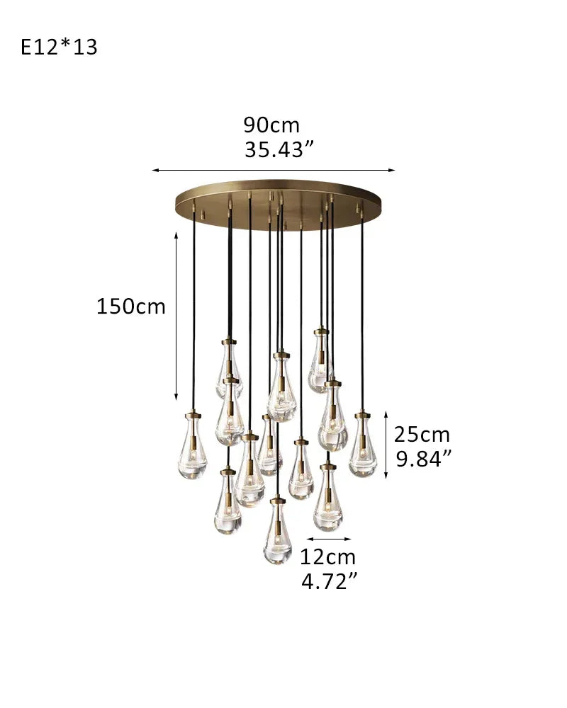 Vintage Brass Rainfall Crystal Round Chandelier 13 lights Cluster Pendant Lighting 13-light-D12*H25CM D4.7"*H9.8" Brass American chandelier