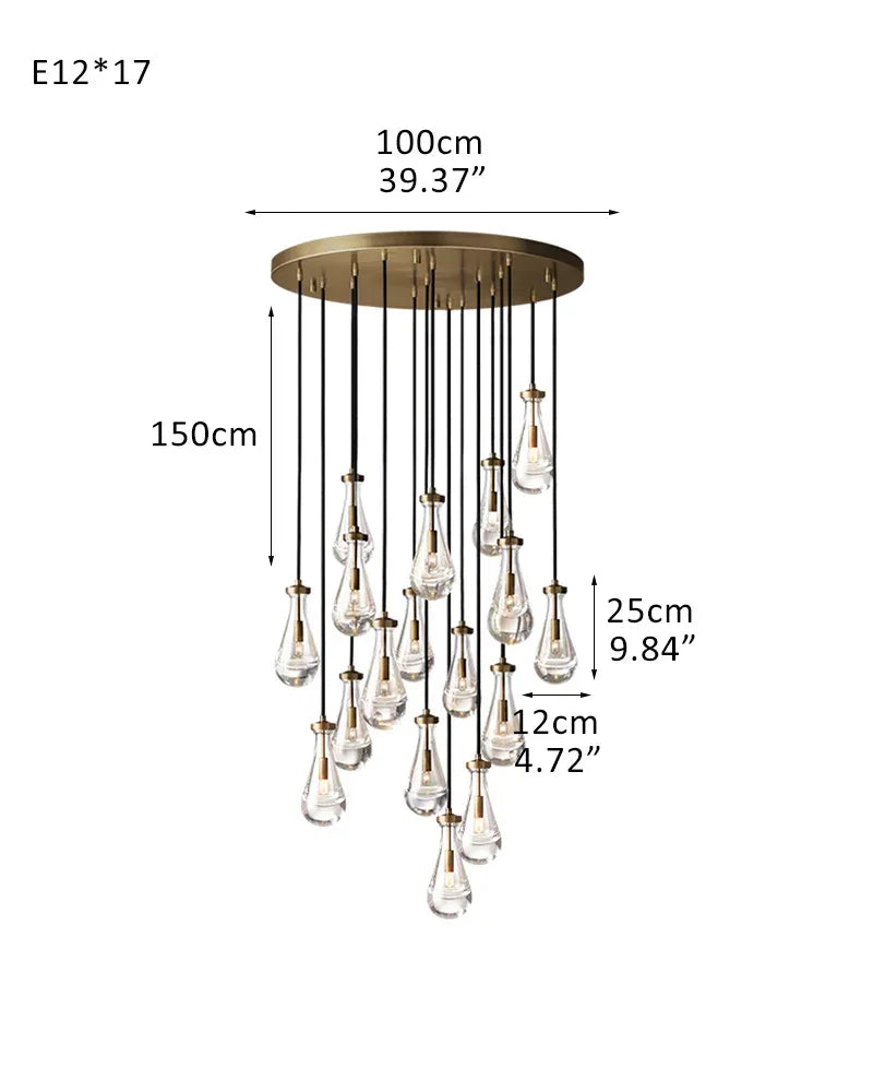 Vintage Brass Rainfall Crystal Round Chandelier 13 lights Cluster Pendant Lighting 17-light-D12*H25CM D4.7"*H9.8" Brass American chandelier