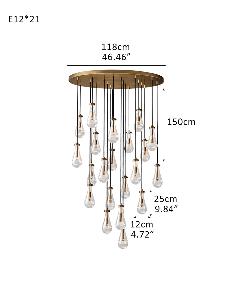 Aged Brass Floating Raindrop Hand Blown Crystal Linear Cluster Chandelier Wide 54"