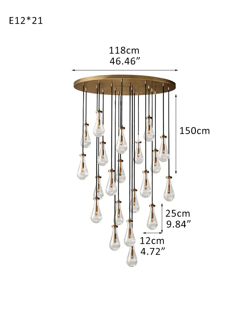 Vintage Brass Rainfall Crystal Round Chandelier 13 lights Cluster Pendant Lighting 21-light-D12*H25CM D4.7"*H9.8" Brass American chandelier