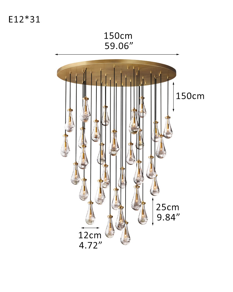 Aged Brass Floating Raindrop Hand Blown Crystal Linear Cluster Chandelier Wide 54"