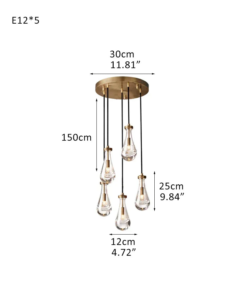 Vintage Brass Rainfall Crystal Round Chandelier 13 lights Cluster Pendant Lighting 5-light-D12*H25CM D4.7"*H9.8" Brass American chandelier