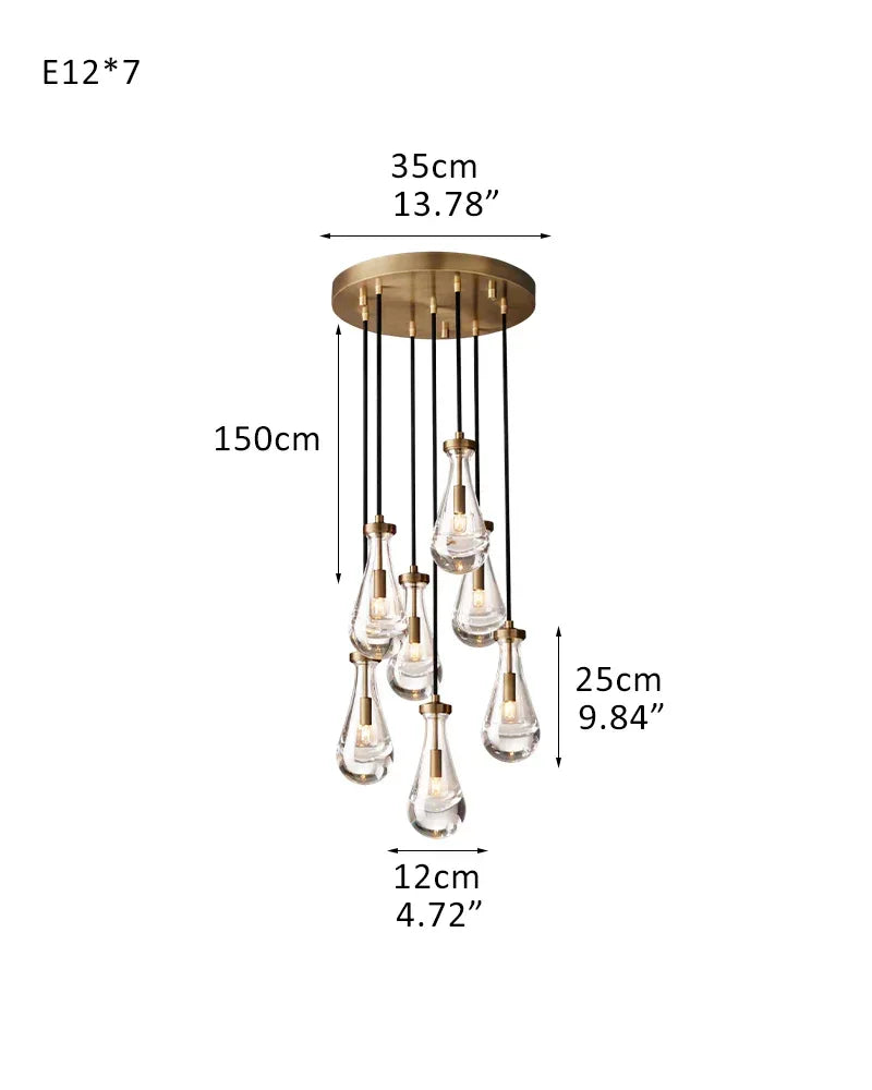 Vintage Brass Rainfall Crystal Round Chandelier 13 lights Cluster Pendant Lighting 7-light-D12*H25CM D4.7"*H9.8" Brass American chandelier