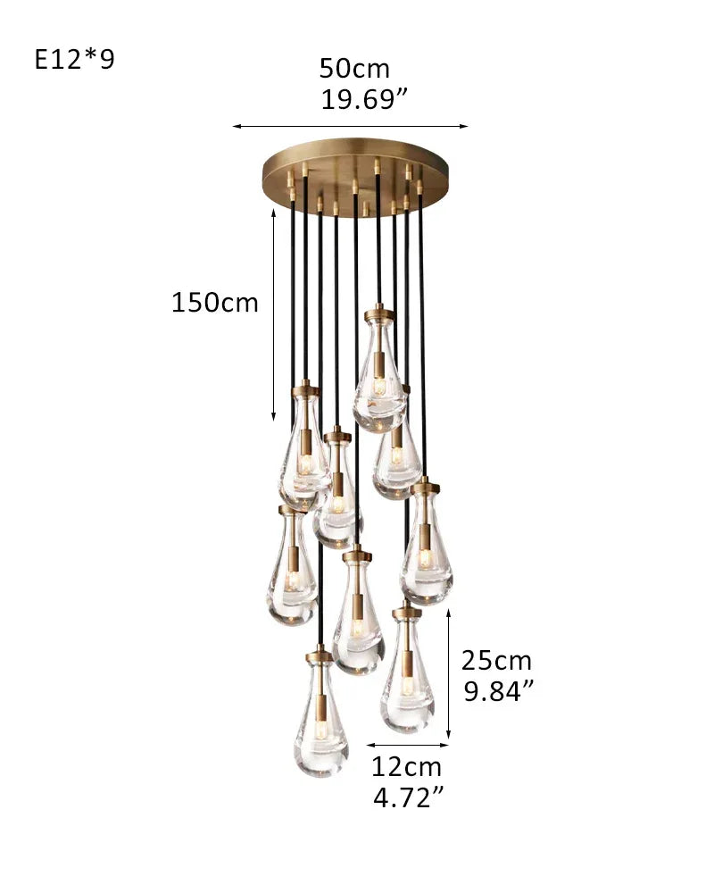 Vintage Brass Rainfall Crystal Round Chandelier 13 lights Cluster Pendant Lighting 9-light-D12*H25CM D4.7"*H9.8" Brass American chandelier