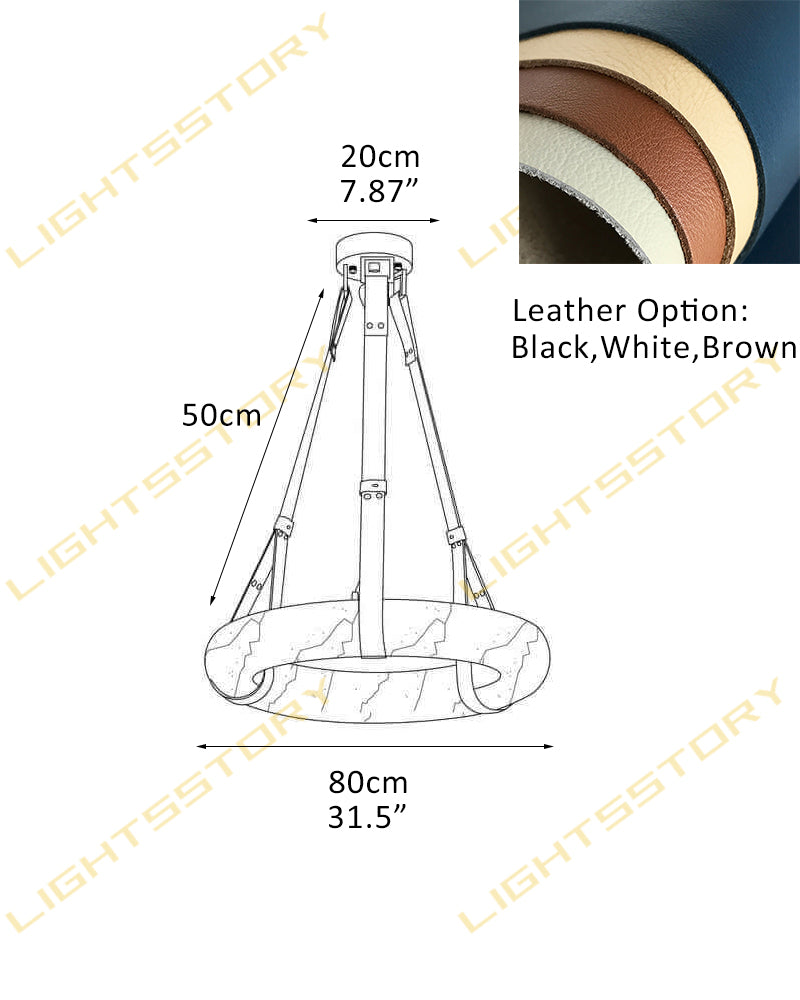 Alabaster Torus Halo Ring Leather Strap Canopy Pendant Light - Natural Spanish Alabaster, Organic Leather Trim - Kitchens, Dining & Living Rooms