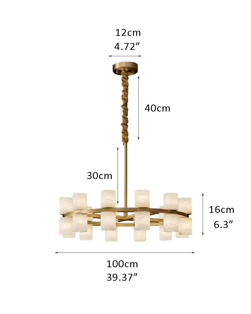 Rectangular LED chandelier lamp dimensions in brass: 100cm width, 40cm height.