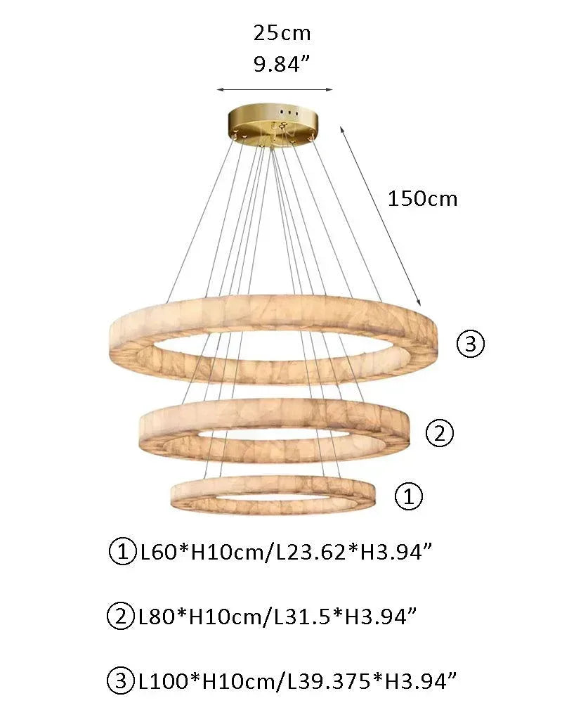 America Rivage Tier Round Calcite Alabaster Stone Chandelier Indoor Lighting R3-D60+D80+D100CM D39.37*H16.96" White + Gold American chandelier