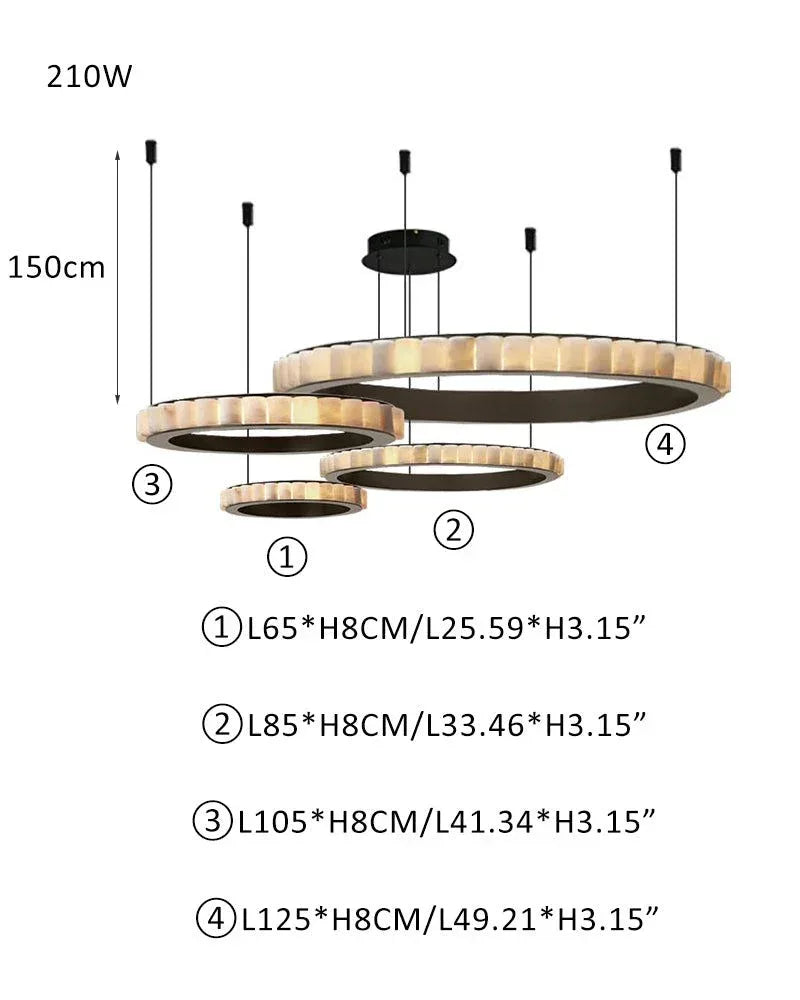 Luxury Alabaster Multi Ring Chandelier in black & gold frame | Cord Adjustment Four-L65+L85+L105+L125CM L25.59+L33.46+L41.34+L49.21" White + Black American chandelier
