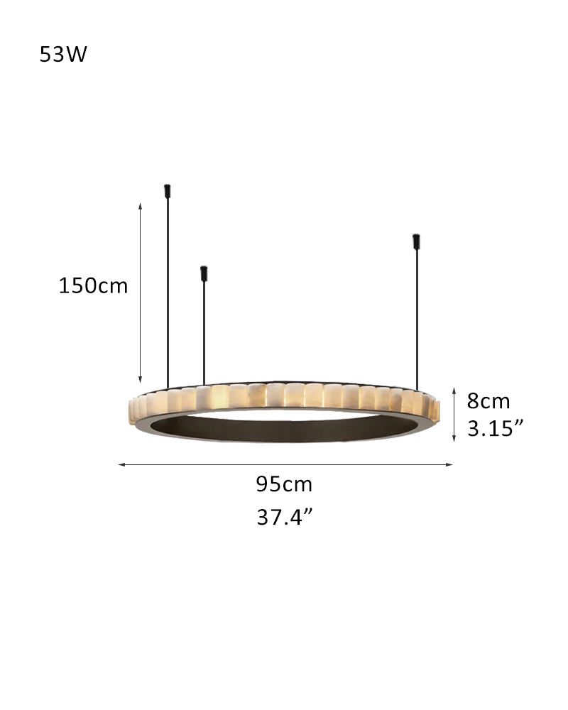 Dimensions of modern round chandelier: 95cm diameter, 150cm height, 53W power.
