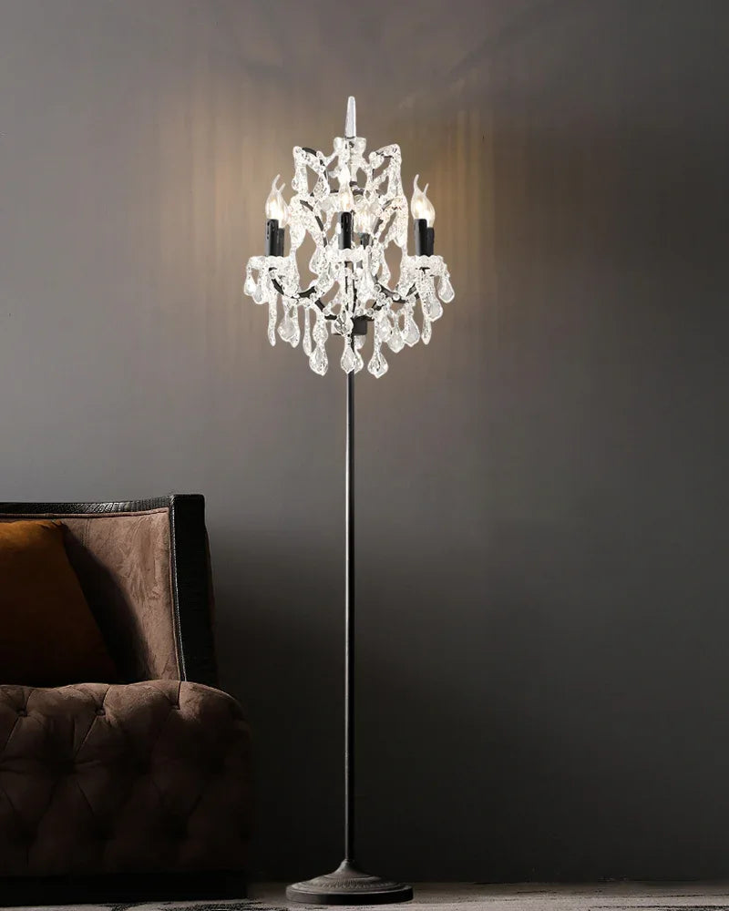 LightsStory Series Prismatic Floor Lamp | Cut Crystal Candelabra Intricate cut crystal and raw metal frame with deep brown fabric shade, Gold and Chrome contrast finish for Living rooms, bedrooms, and entryways American standing floor lamp