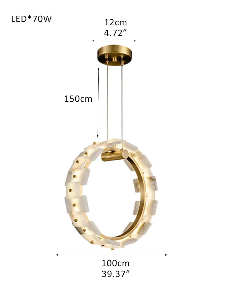 Antique Brass Ring Frame Round Halo Alabaster Modern Lighting Chandelier Wide 31" L100CM L39.4" White + Brass Luxury Modern Chandelier