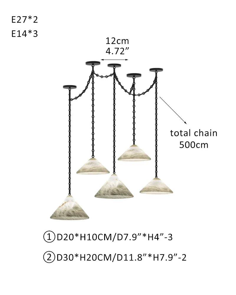 Medium 12" Conical Pendant White Alabaster Shade with Adjustable Chain for living room 5 light-D20*3+D30*2 D7.9"*3+D11.8"*2 White + Black Chain Modern Pendant lamp