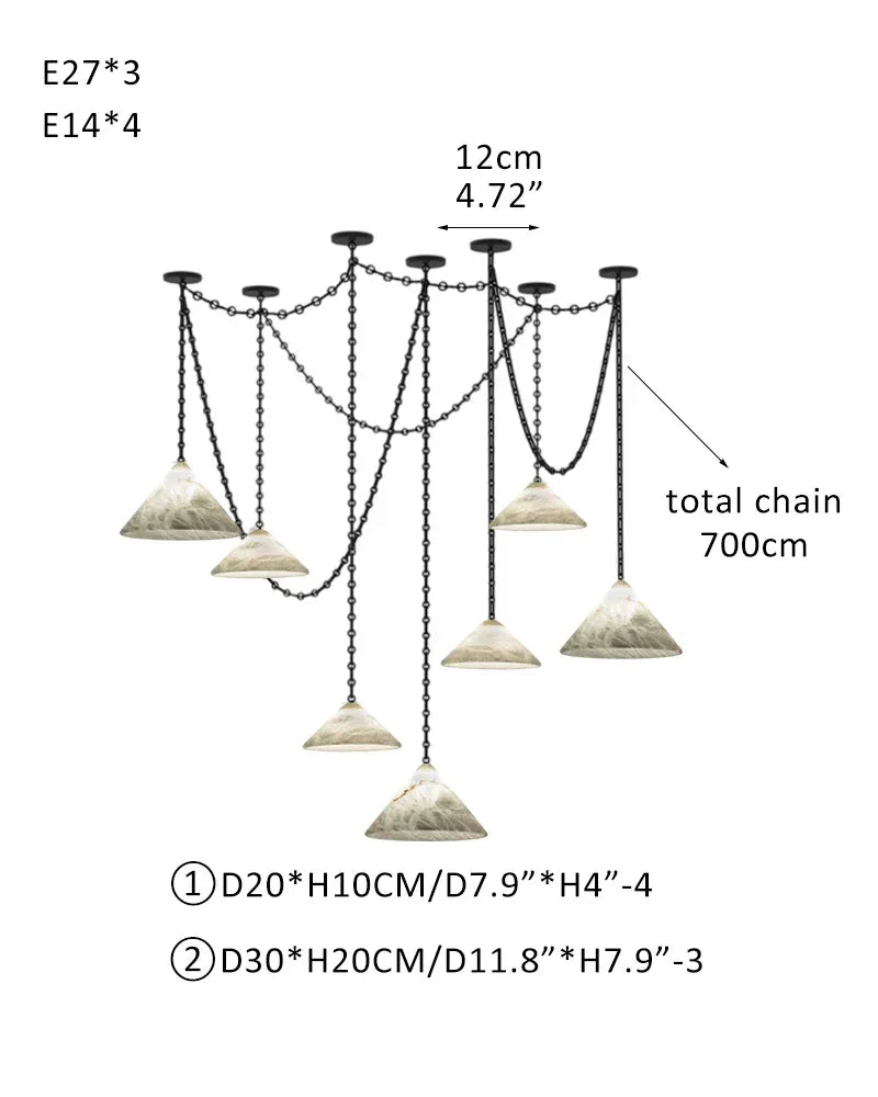 Medium 12" Conical Pendant White Alabaster Shade with Adjustable Chain for living room 7 light-D20*4+D30*3 D7.9"*4+D11.8"*3 White + Black Chain Modern Pendant lamp