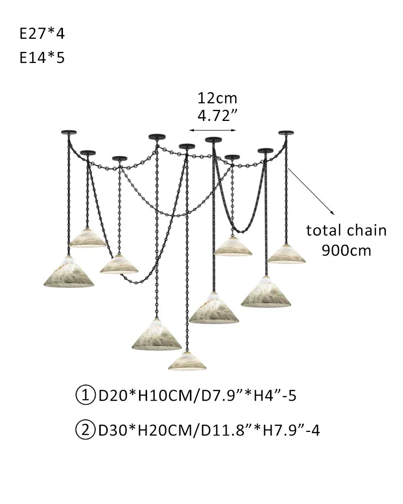 Medium 12" Conical Pendant White Alabaster Shade with Adjustable Chain for living room 9 light-D20*5+D30*4 D7.9"*5+D11.8"*4 White + Black Chain Modern Pendant lamp