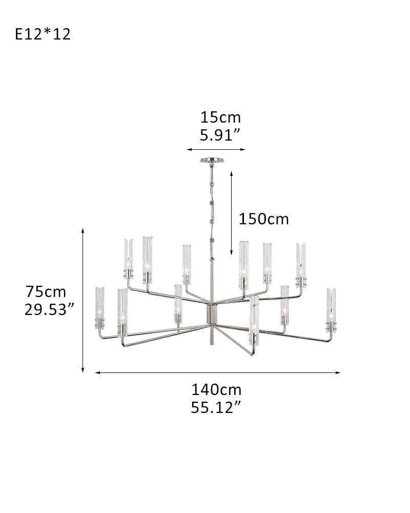 Brushed Chrome Metalwork Chandelier with Textured Slender Clear Glass Cylinders