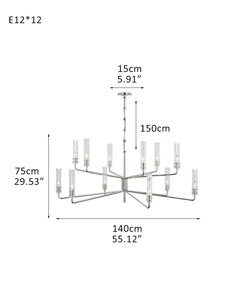 Brushed Chrome Metalwork Chandelier with Textured Slender Clear Glass Cylinders 12-light-D140*H75CM D55.12"*H29.53" Chrome American chandelier