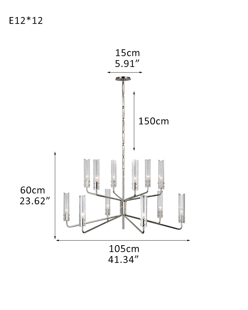 Brushed Chrome Metalwork Chandelier with Textured Slender Clear Glass Cylinders