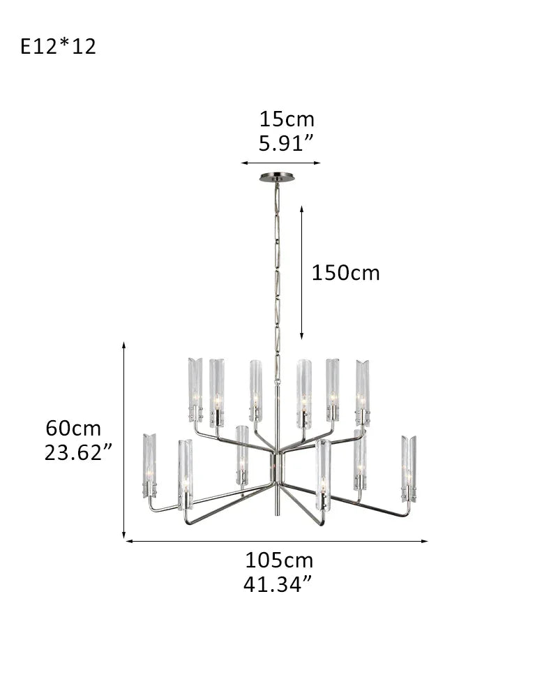 Brushed Chrome Metalwork Chandelier with Textured Slender Clear Glass Cylinders 12-light-D105*H60CM D41.34"*H23.62" Chrome American chandelier