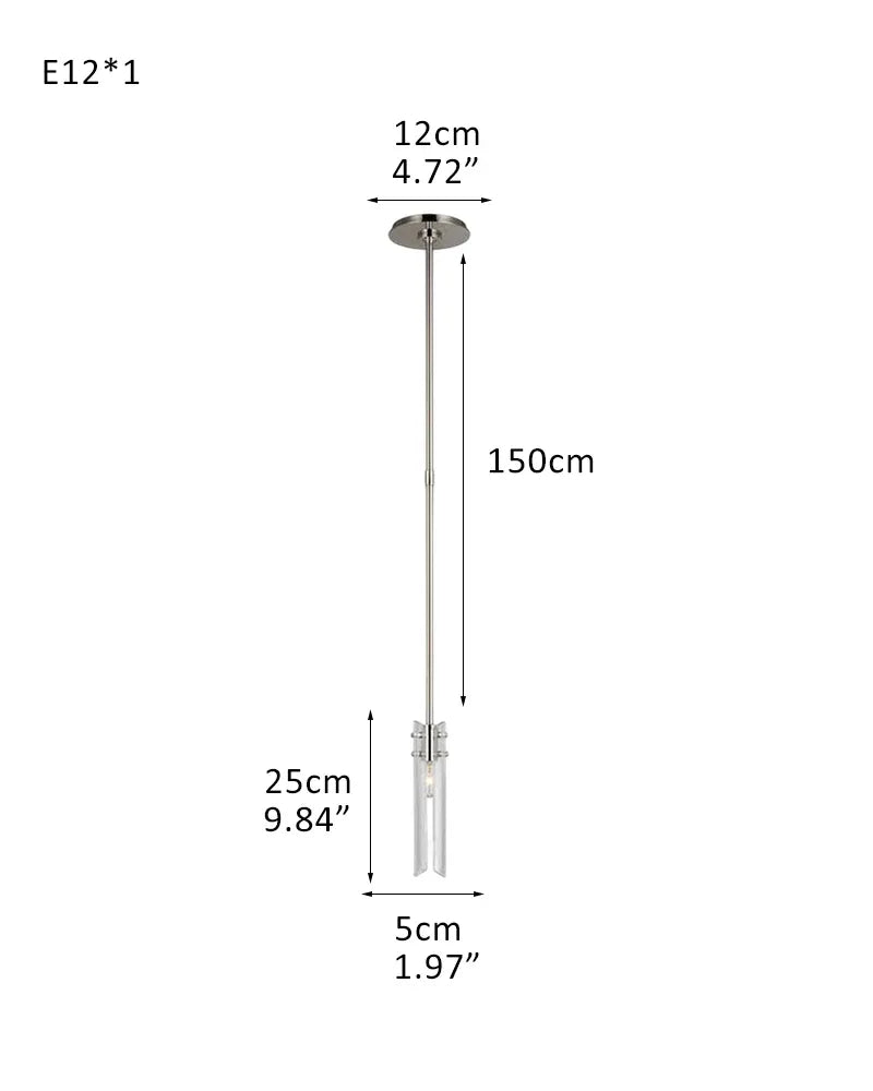 Brushed Chrome Metalwork Chandelier with Textured Slender Clear Glass Cylinders 1-light-D5*H25CM D1.97"*H9.84" Chrome American chandelier