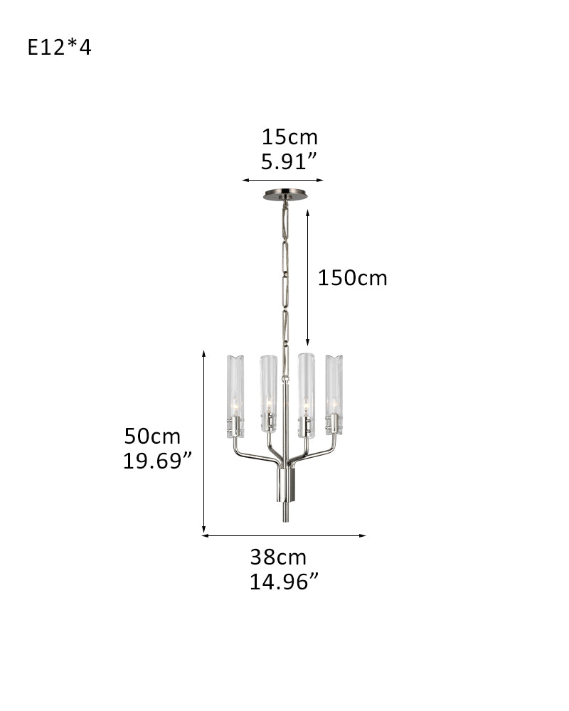 Brushed Chrome Metalwork Chandelier with Textured Slender Clear Glass Cylinders