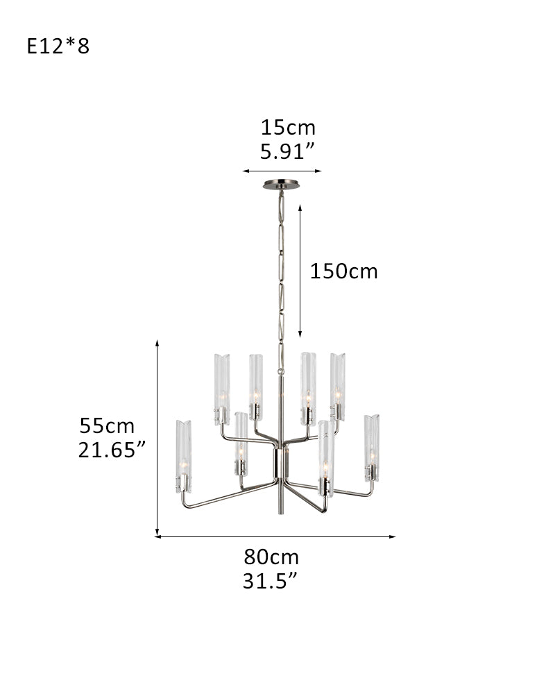 Brushed Chrome Metalwork Chandelier with Textured Slender Clear Glass Cylinders