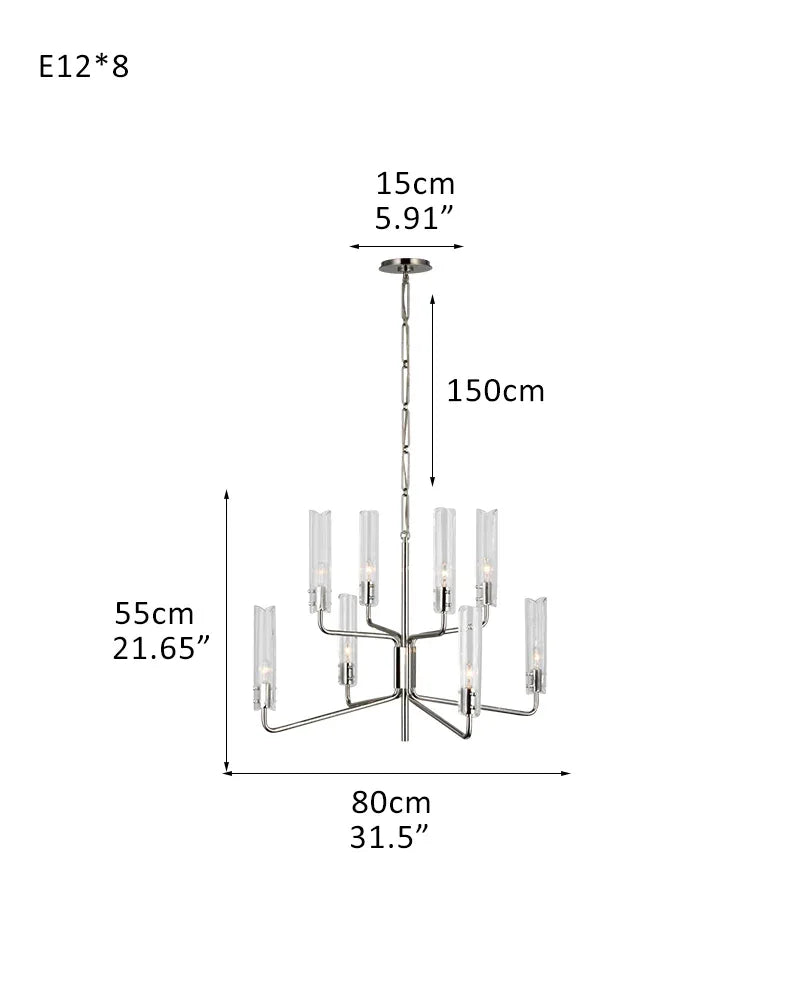 Brushed Chrome Metalwork Chandelier with Textured Slender Clear Glass Cylinders 8-light-D80*H55CM D31.5"*H21.65" Chrome American chandelier