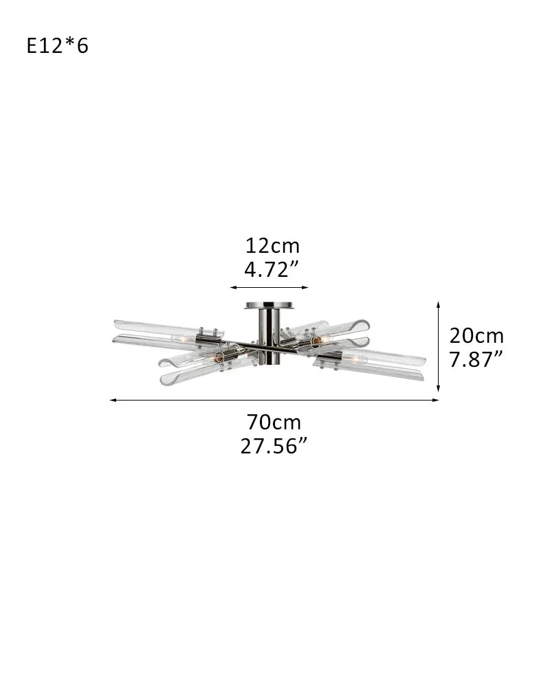 Brushed Chrome Metalwork Chandelier with Textured Slender Clear Glass Cylinders 6-light-D70*H20CM D27.56"*H7.87"-Ceiling Chrome American chandelier