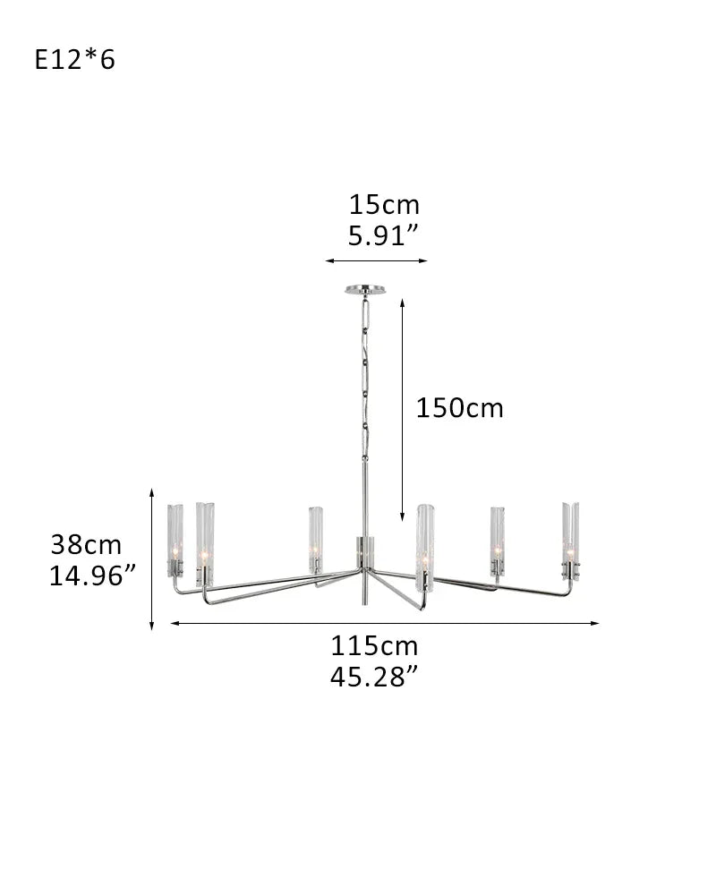 Brushed Chrome Metalwork Chandelier with Textured Slender Clear Glass Cylinders 6-light-D115*H38CM D45.28"*H14.96" Chrome American chandelier