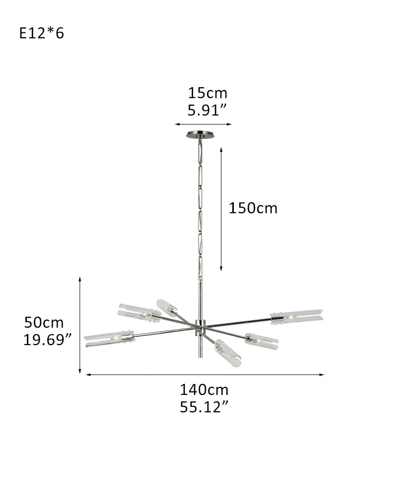 Brushed Chrome Metalwork Chandelier with Textured Slender Clear Glass Cylinders 6-light-D140*H50CM D55.12"*H19.69" Chrome American chandelier