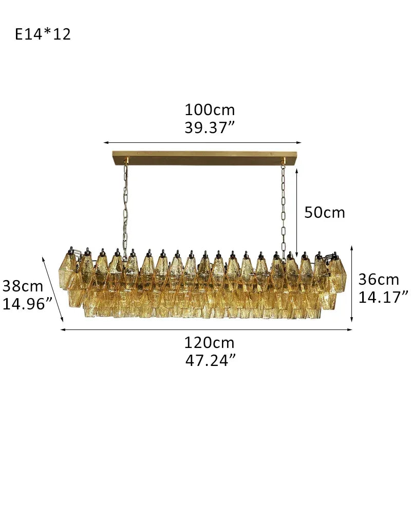 Elegant Murano Poliedri Transparent Glass Rectangular Chandelier Wide 29" 39" 17" L120*W38*H36CM L47"*W15"*H14" Brass + Smoke Glass American chandelier